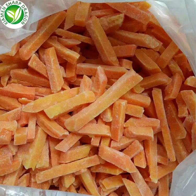 Frozen peeled sweet potato strips in a bulk inner bag